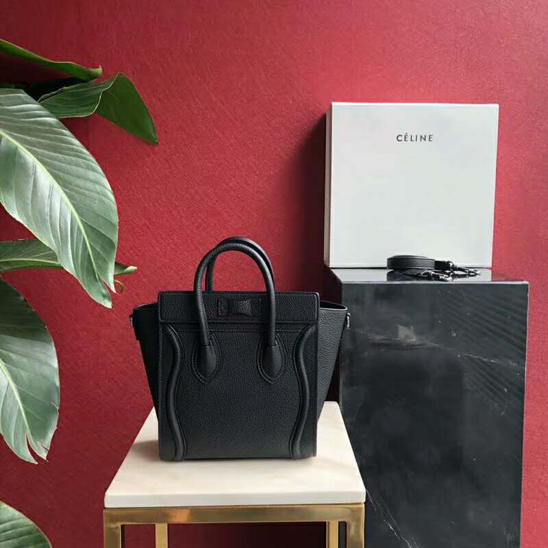 Side angle showing texture of drummed calfskin on Celine Women Nano Luggage Bag