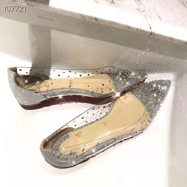 Close-up of crystal embellishments on Christian Louboutin Women Evening Flats Shoes Degrastrass-Silver