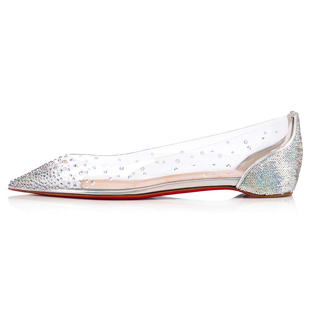 Side view of Christian Louboutin Women Evening Flats Shoes Degrastrass-Silver showing sleek silhouette