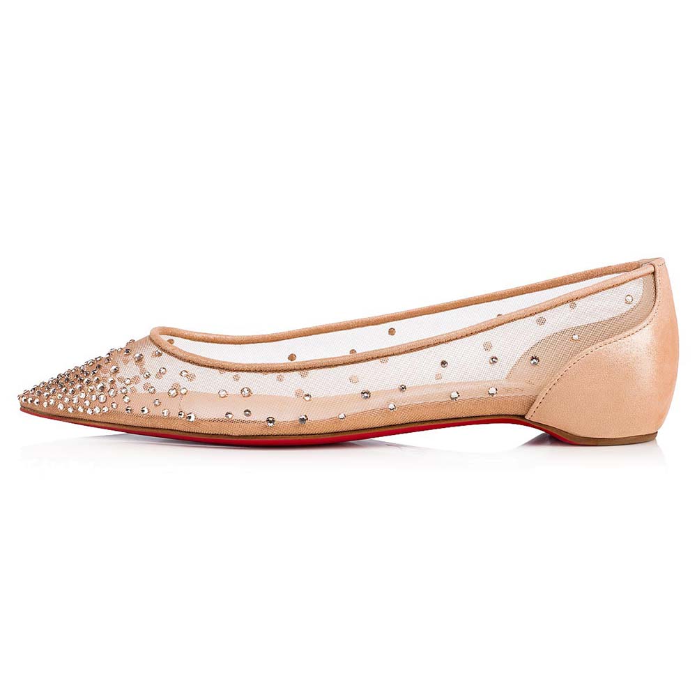 Side view of Christian Louboutin Women Follies Strass Ballet Flat-Sandy