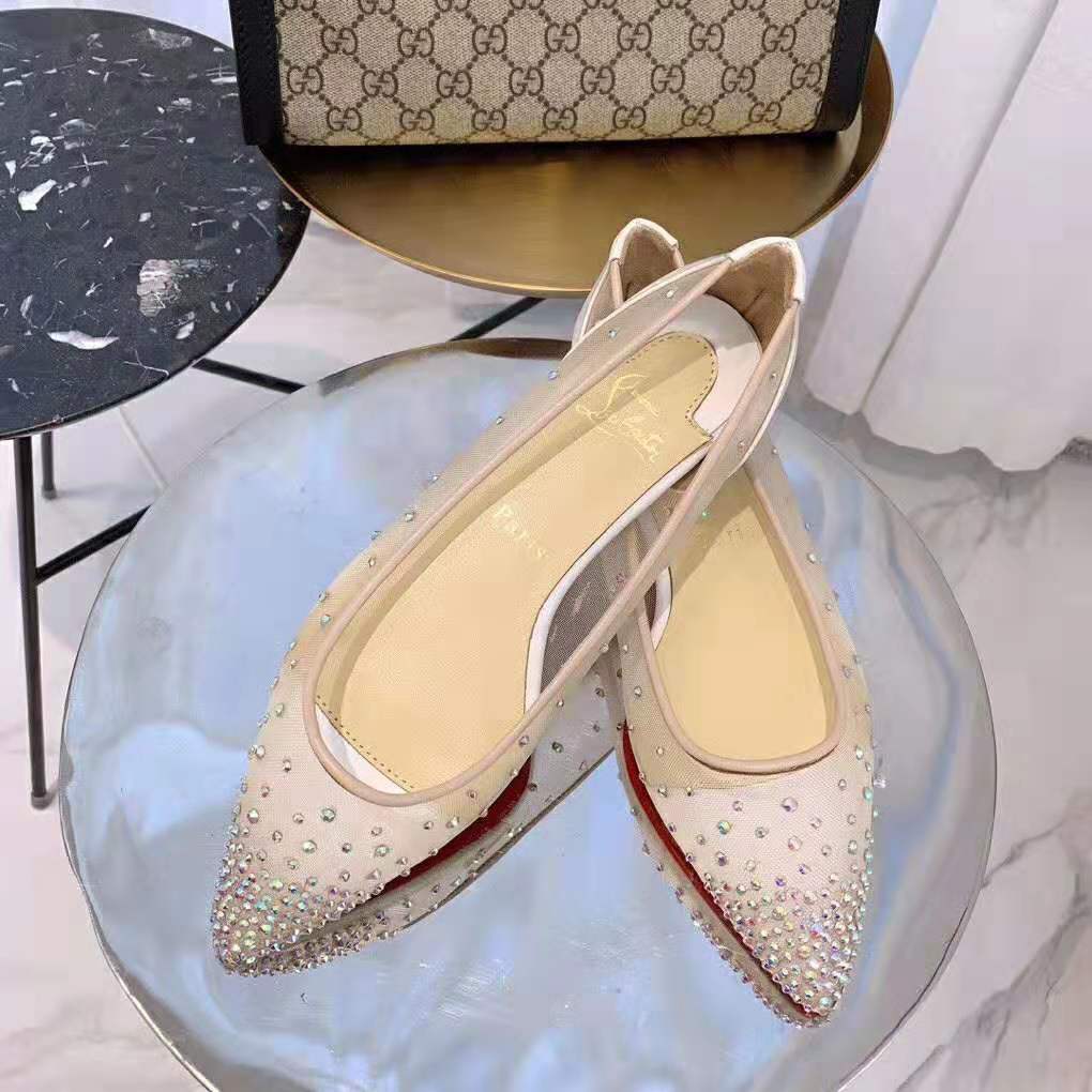 Close-up of strass detail on Christian Louboutin Women Follies Strass Ballet Flat-White