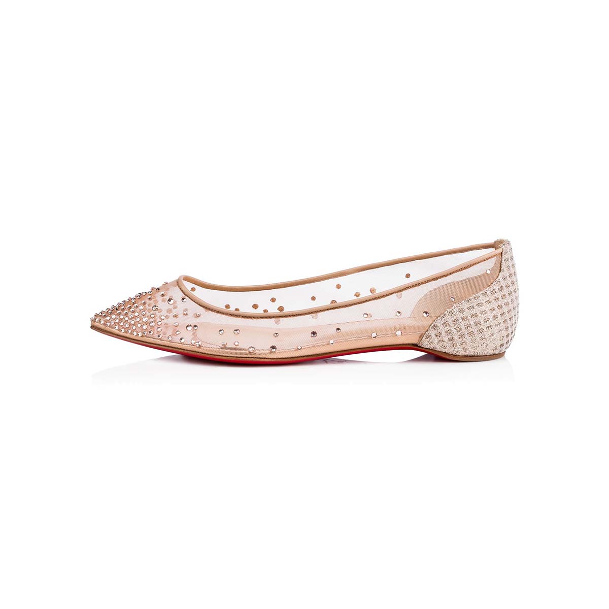 Side profile of Christian Louboutin Women Follies Strass Flat Mesh Upper with Crystals Shoes Sandy