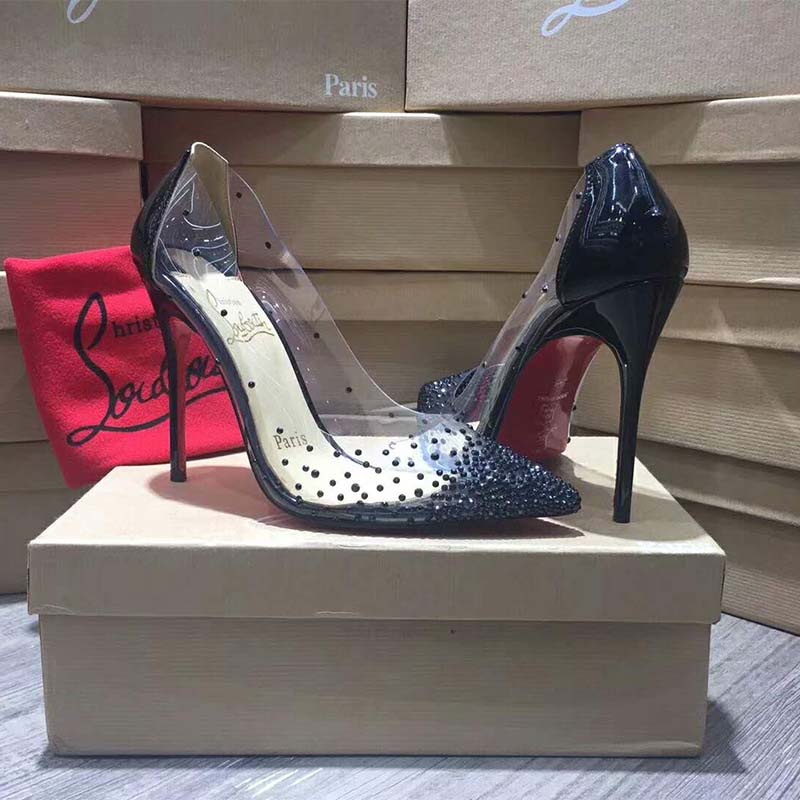 Close-up of transparent PVC and black leather on Christian Louboutin heels