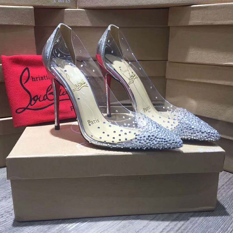 Close-up of silver PVC and crystal Degrastrass detail on Christian Louboutin shoes