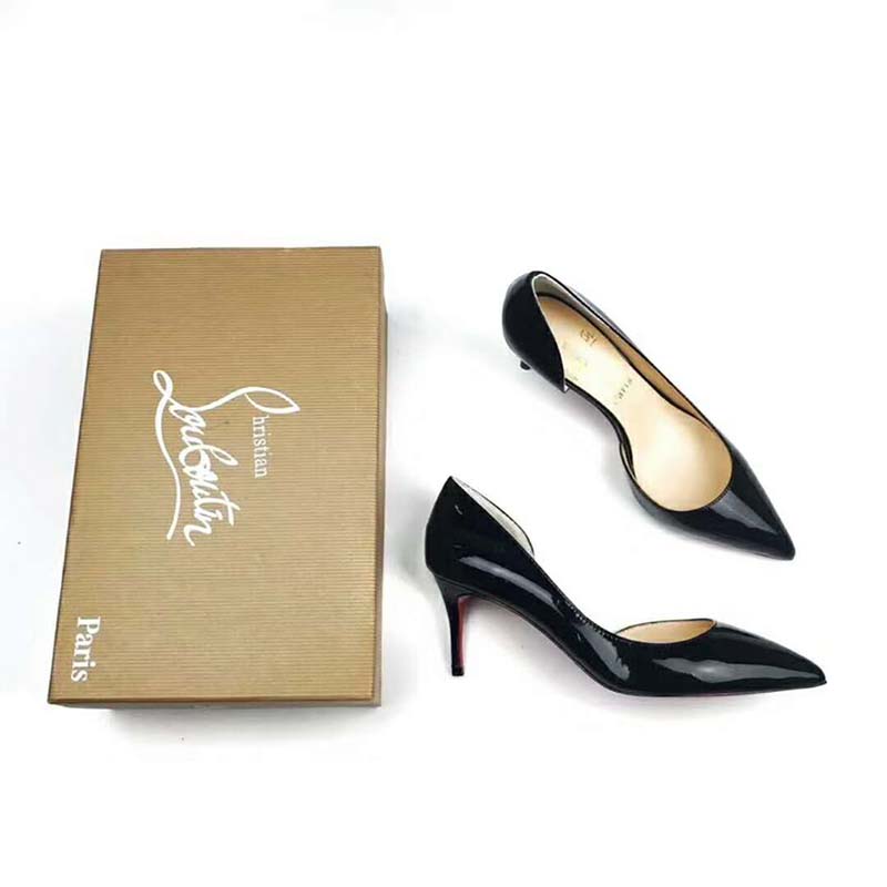 View of iconic red sole on Christian Louboutin Lriza high heels