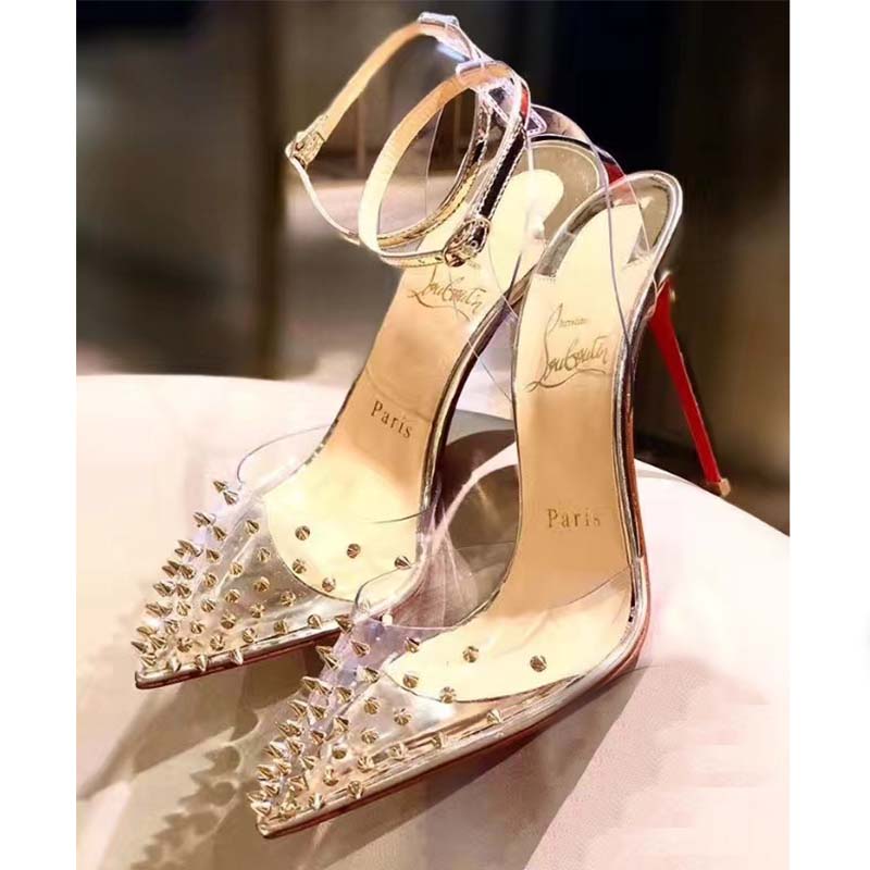 Close-up on signature red sole and stiletto heel of Spikoo 100mm Heel