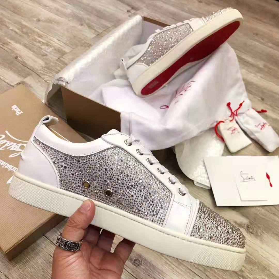 Side profile showing signature red sole of Christian Louboutin Vieira Strass-Silver