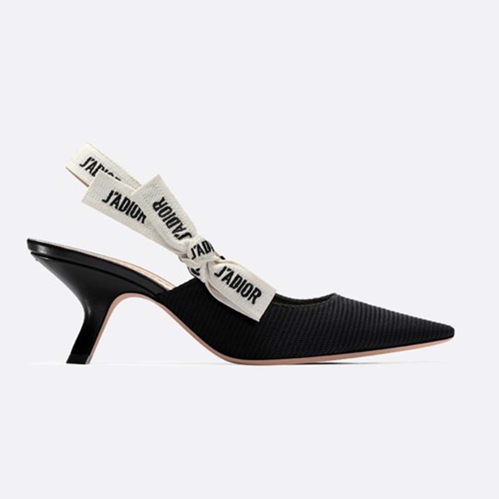 Front angle of Dior Women J’adior Pump in black technical canvas