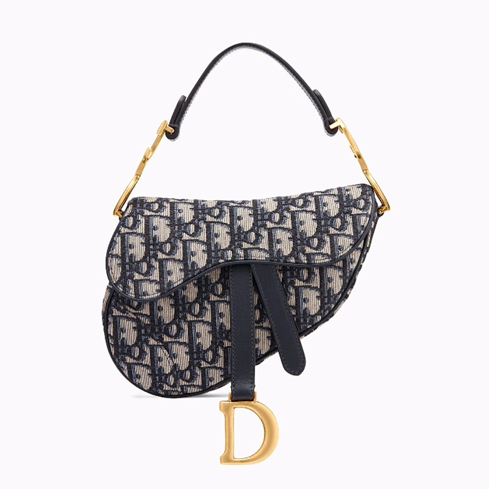 Front view of Dior Women Mini Saddle Bag in Blue Canvas with flap closed