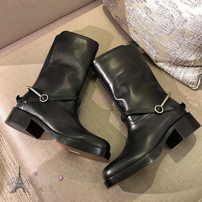 Detail of silver Dior hardware on Diorider Calfskin Leather Biker Boot