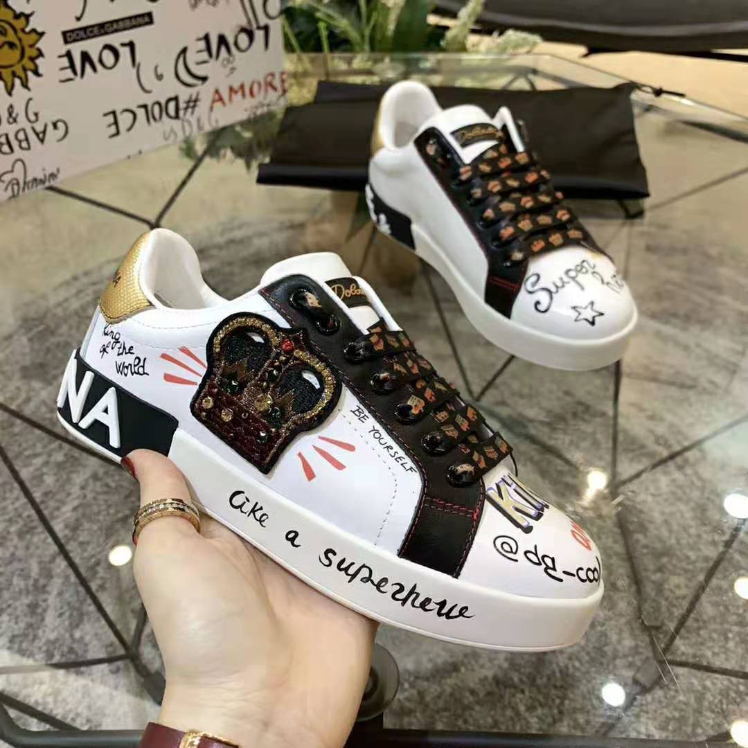 Dolce Gabbana D&G Men Portofino Sneakers in Printed Nappa Calfskin with Patch-Black - image 5