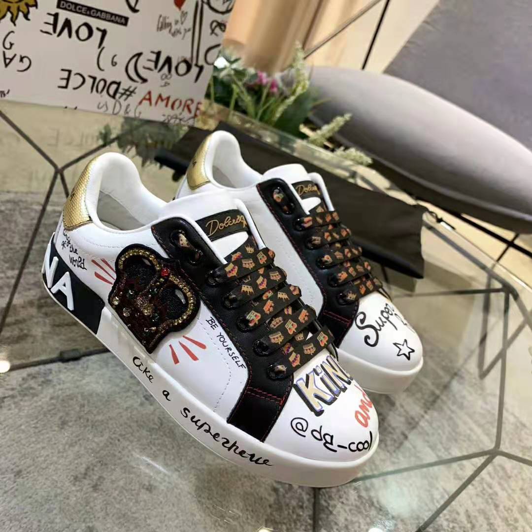 Top angled view of white Dolce Gabbana D&G Men Portofino Sneakers with laces