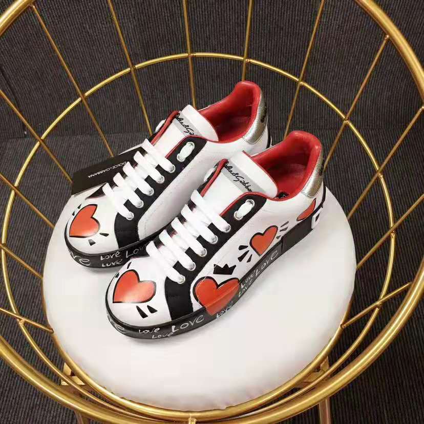 Dolce Gabbana D&G Women Calfskin Nappa Portofino Sneakers with Heart Print-Red - image 6