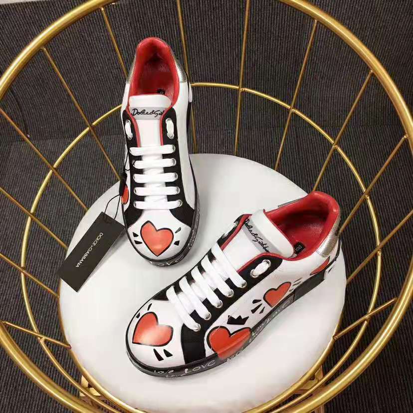 Dolce Gabbana D&G Women Calfskin Nappa Portofino Sneakers with Heart Print-Red - image 4