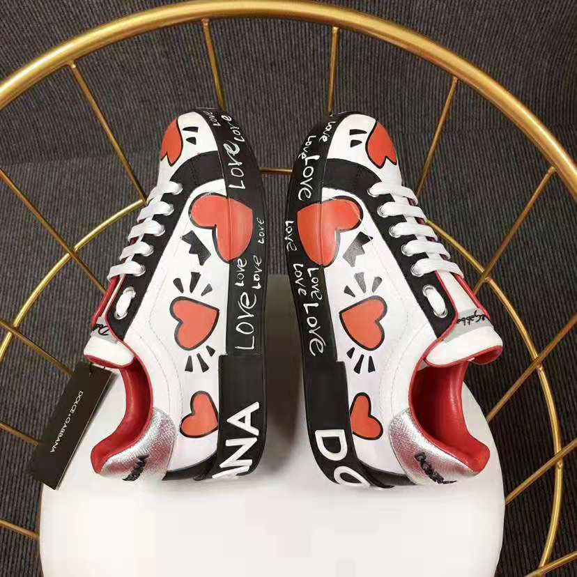 Dolce Gabbana D&G Women Calfskin Nappa Portofino Sneakers with Heart Print-Red - image 5