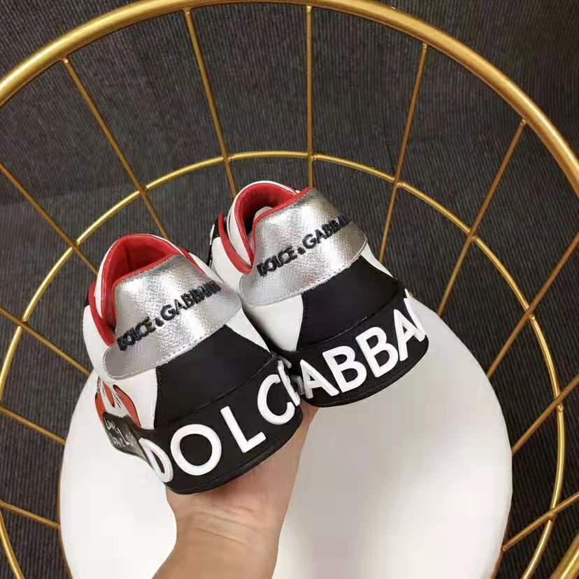 Dolce Gabbana D&G Women Calfskin Nappa Portofino Sneakers with Heart Print-Red - image 8