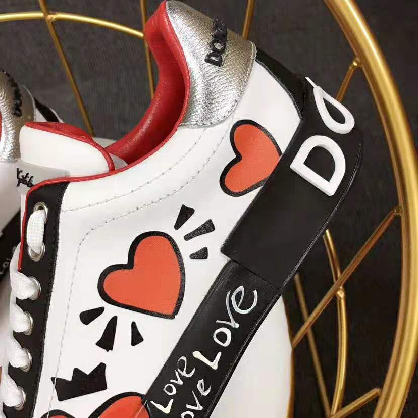 Dolce Gabbana D&G Women Calfskin Nappa Portofino Sneakers with Heart Print-Red - image 9