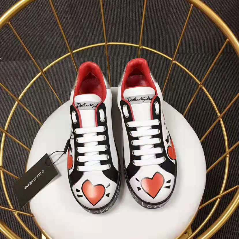 Dolce Gabbana D&G Women Calfskin Nappa Portofino Sneakers with Heart Print-Red - image 7