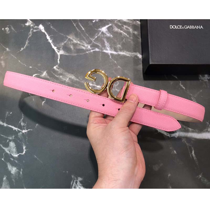 Side angle showing slim silhouette of Dolce Gabbana D&G Women Dauphine Calfskin Belt-Pink