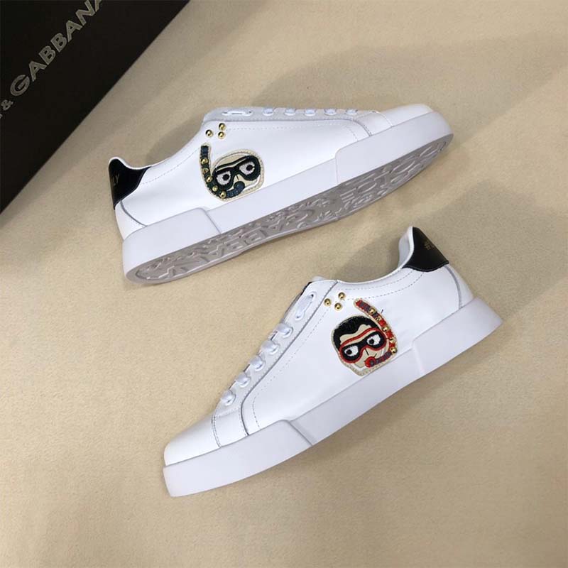 Dolce Gabbana D&G Unisex Shoes Calfskin Portofino Sneakers with Patches of the Designers-White - image 4