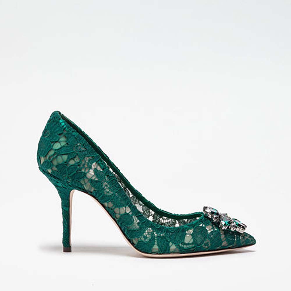 Side view of Dolce Gabbana D&G Women Shoes Pump in green lace