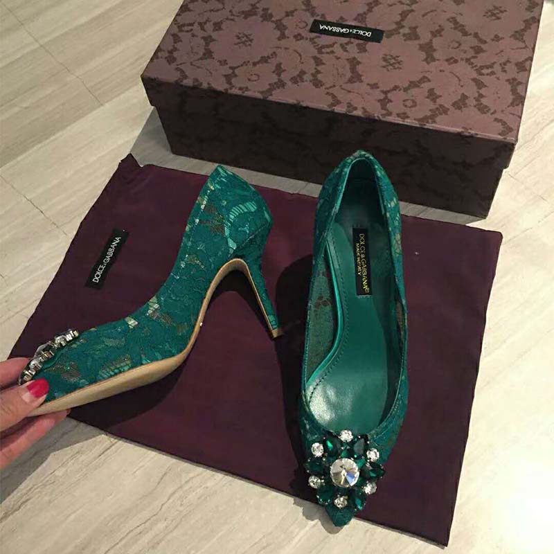 Close-up of crystal embellishments on Dolce Gabbana D&G green pump