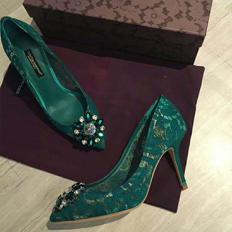 Back angle showing 90mm heel of Dolce Gabbana D&G lace pump