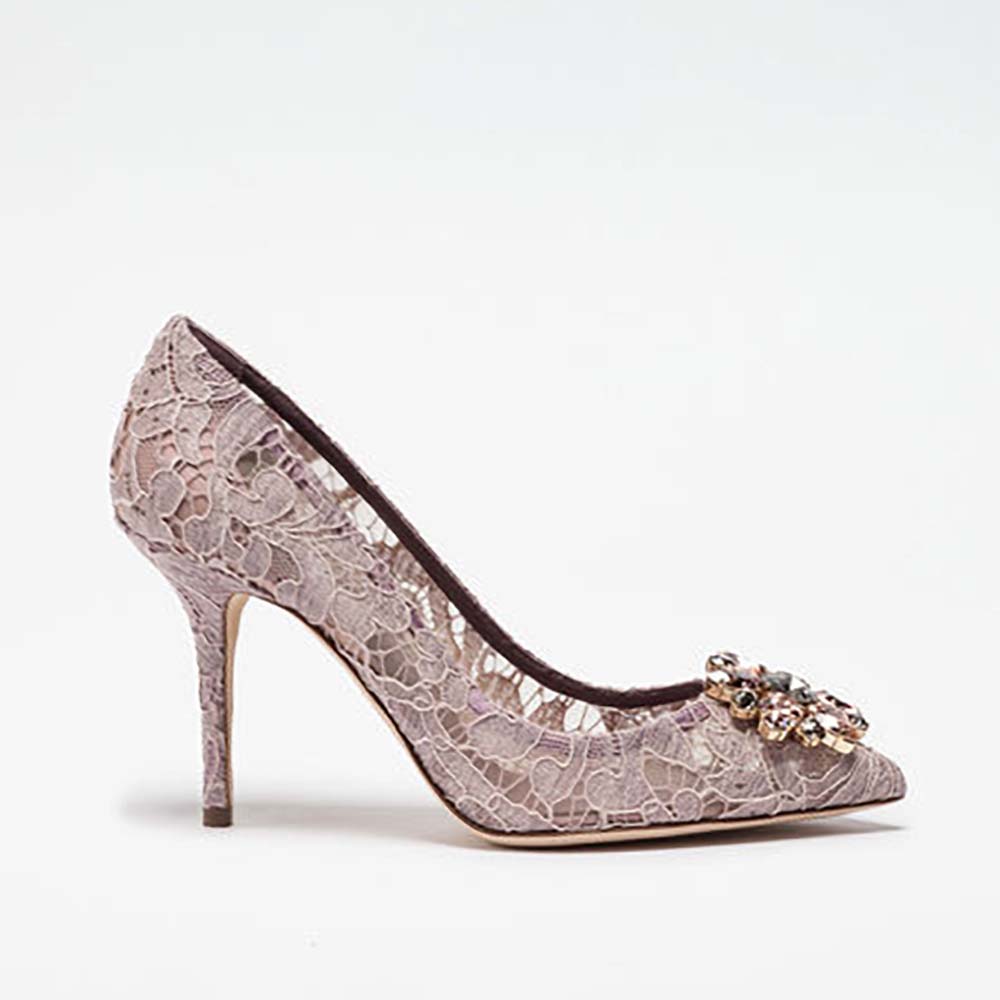 Side view of Dolce Gabbana D&G Women Shoes Pump in Taormina Lace with Crystals 90mm Heel-Pink