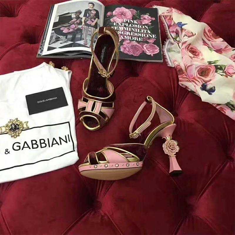 Rear angle showing sculptural 115mm heel of Dolce Gabbana D&G Women Shoes Sandalias De Raso Y Terciopelo Con Tacon Escultura 115mm Heel