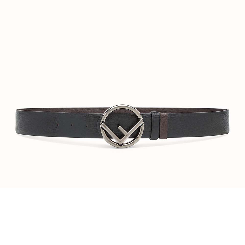 Front view of Fendi Men Black and Brown Leather Belt with gold buckle