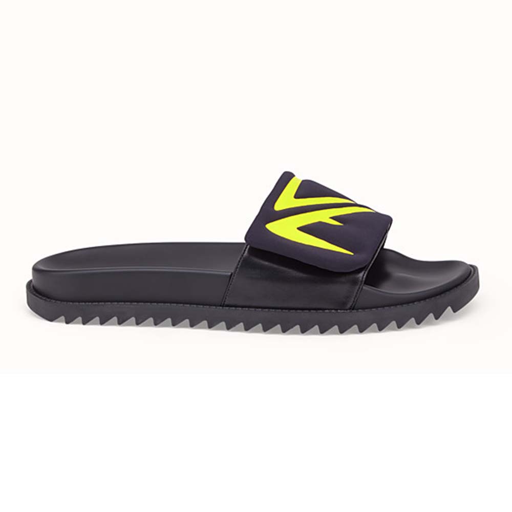 Front angle of Fendi Men SLIDES Black Scuba and Leather Slides