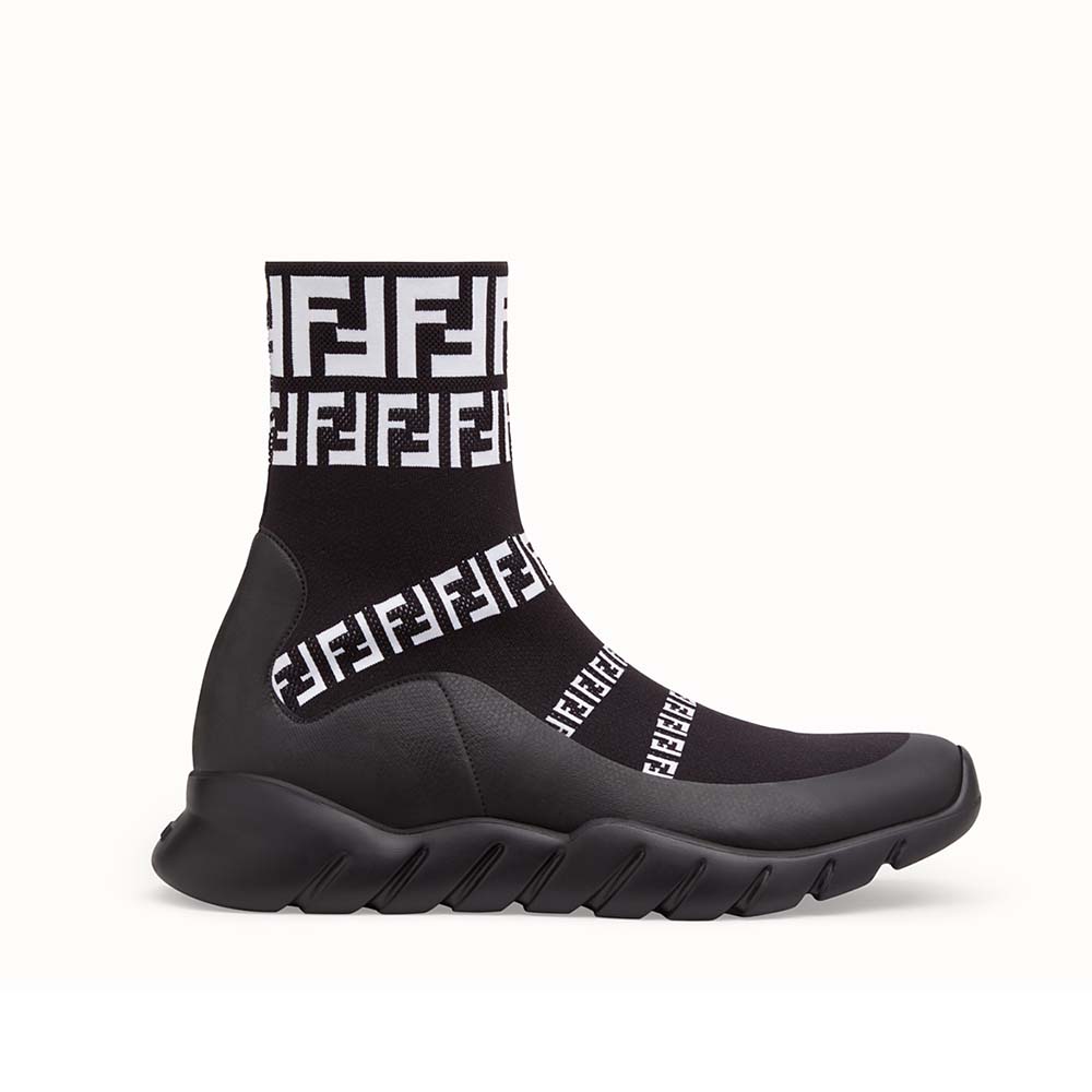 Side view of Fendi Unisex Shoes Black Tech Fabric High-Tops