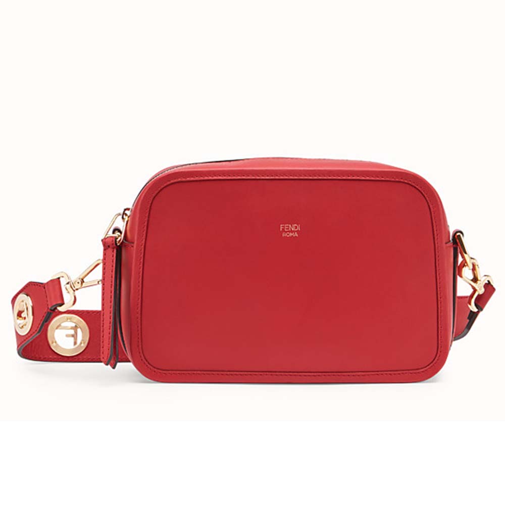 Front view of Fendi Women Camera Case Leather Bag-Red showcasing gold hardware