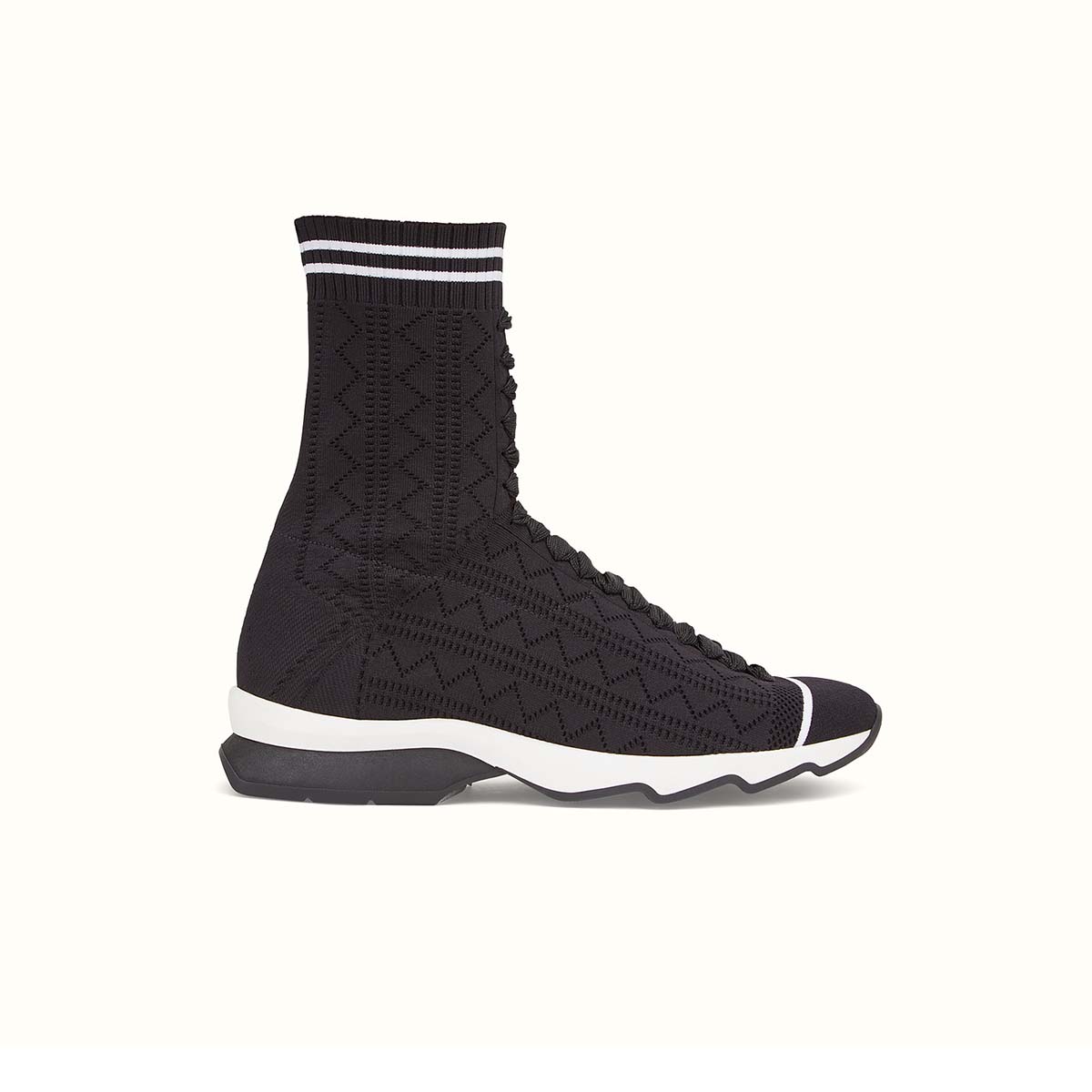 Side view of Fendi Women Fabric Sneakers Ribbed Edging Shoes-Black