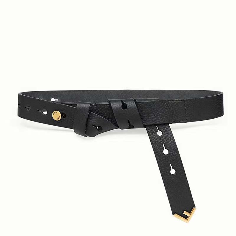 Front view of Fendi Women Long Tie Belt with F-shaped tip in black