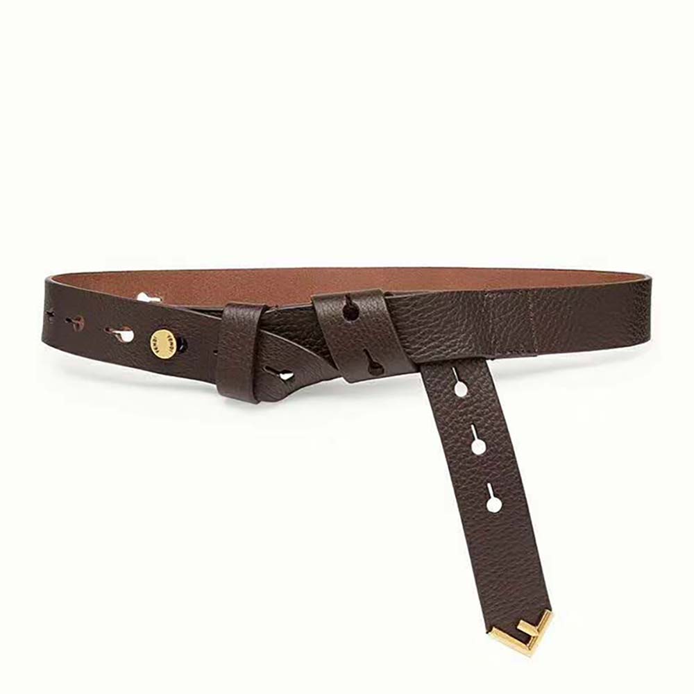 Front view of Fendi Women Long Tie Belt with F-Shaped Tip-Brown