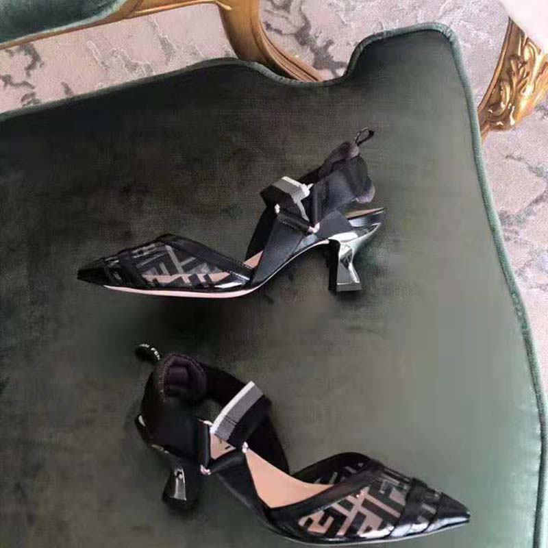 Back view showing the middle heel and Fendi logo hardware detail on pumps
