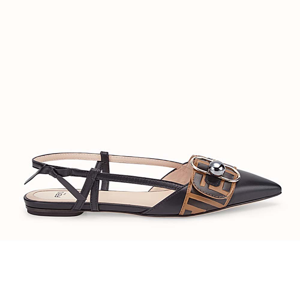 Side view of Fendi Women Shoes Black Leather Slingbacks showing buckle detail