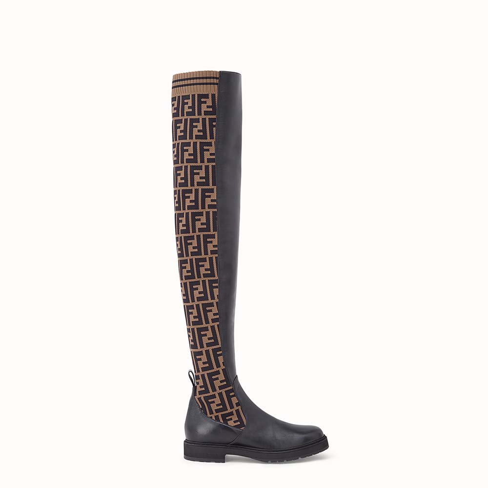 Front view of Fendi Women Shoes Black Leather Thigh-High Boots