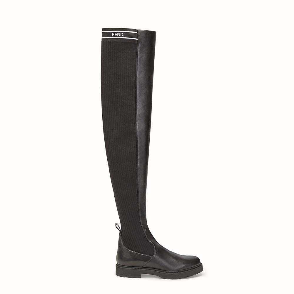Side view of Fendi Women Shoes Black Nappa Cuissard Boots showing thigh-high silhouette