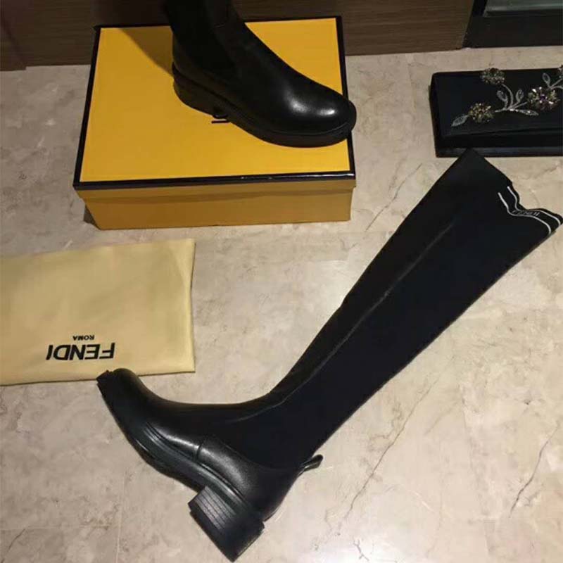 Front angle of Fendi Women Shoes Black Nappa Cuissard Boots highlighting pointed toe