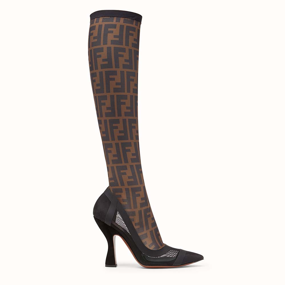 Side view of Fendi Women Shoes Black Technical Mesh Boots showing silhouette