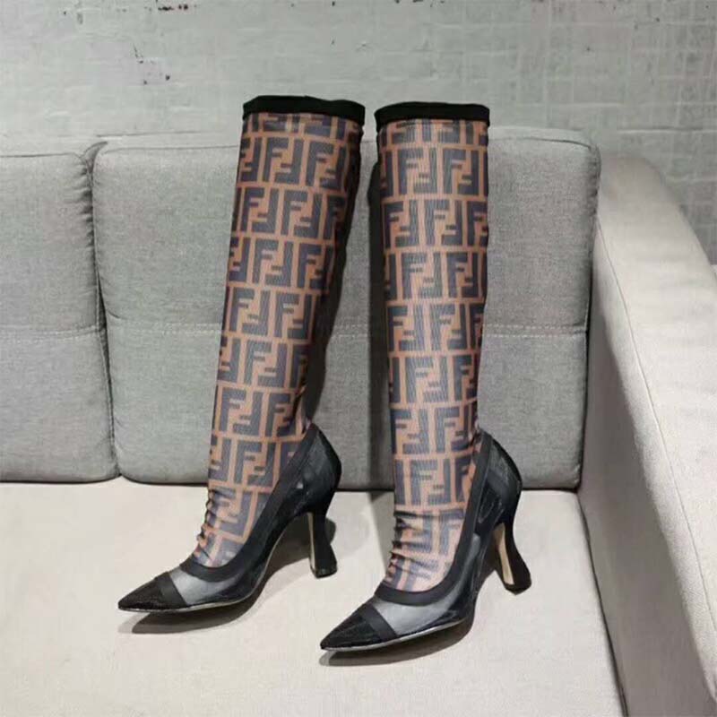 Top-down angle highlighting mesh material on Fendi Women Shoes Black Technical Mesh Boots