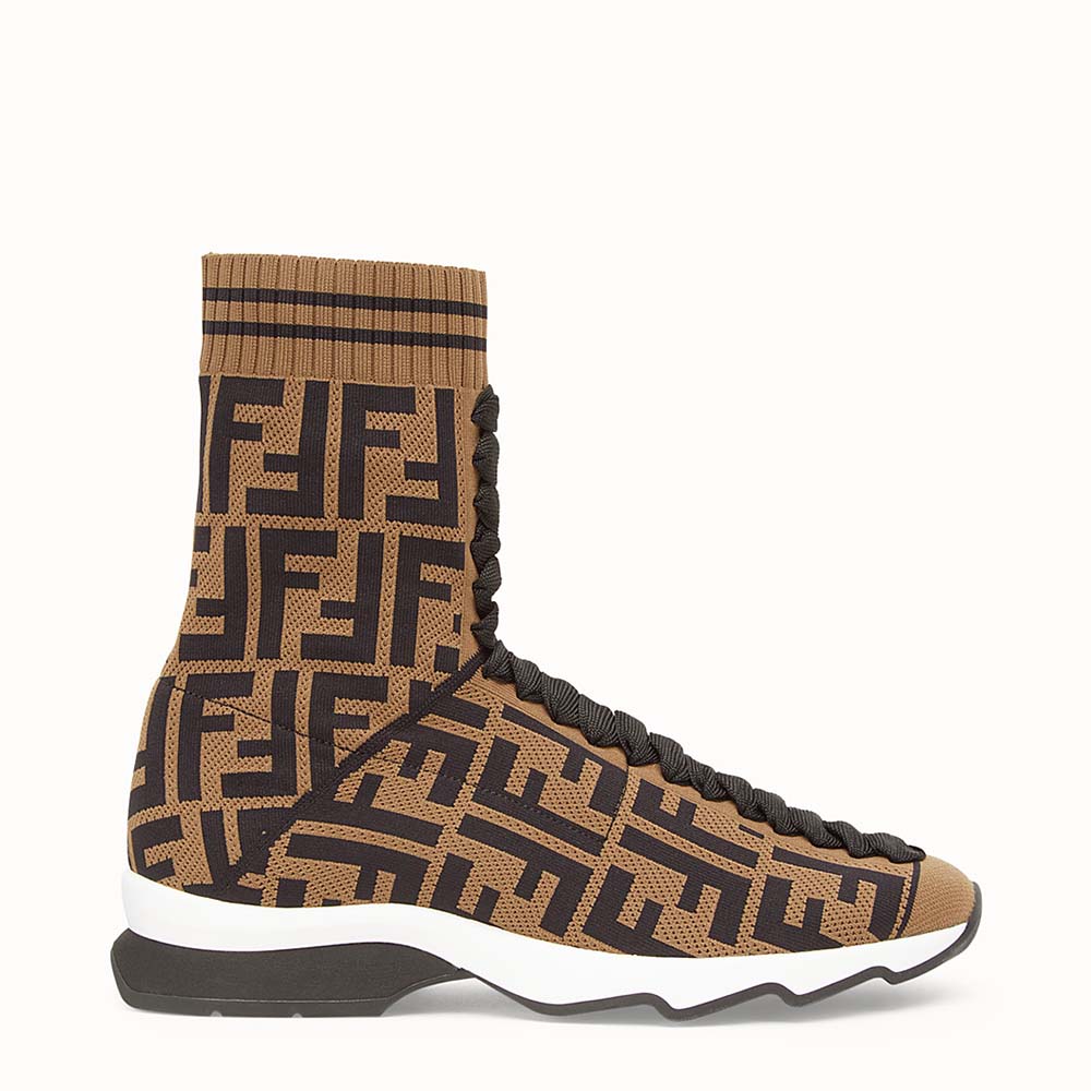 Side profile of Fendi Women Shoes Multicolor Fabric Sneaker Boots-Brown