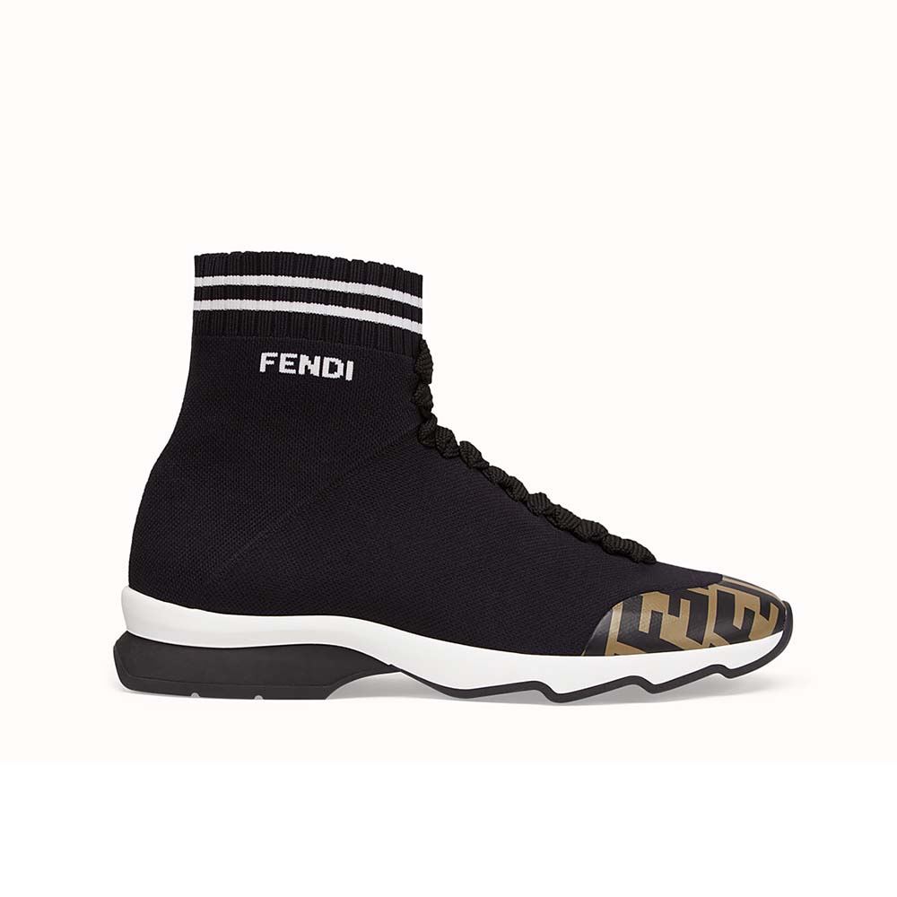 Side angle of Fendi Women Shoes Pale Fabric Sneaker Boots-Black showing silhouette