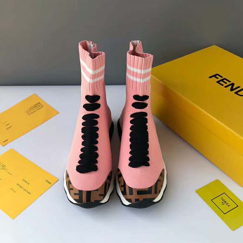 Close-up on lace-up closure and fabric texture of Fendi Women Shoes Pale Fabric Sneaker Boots-Pink