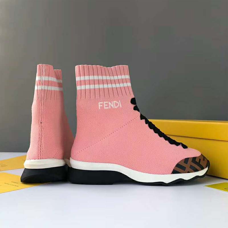 Rear angle highlighting embossed Fendi logo on heel of Pale Fabric Sneaker Boots-Pink