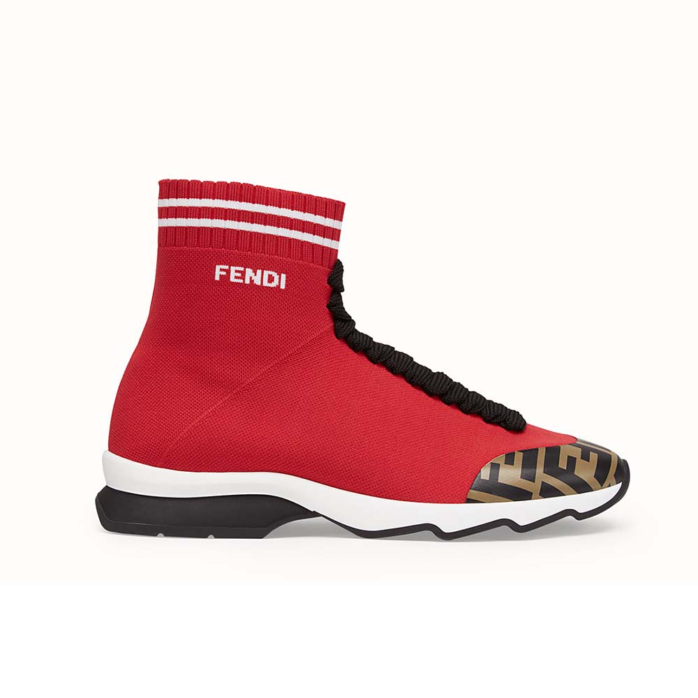 Side profile of Fendi Women Shoes Pale Fabric Sneaker Boots-Red
