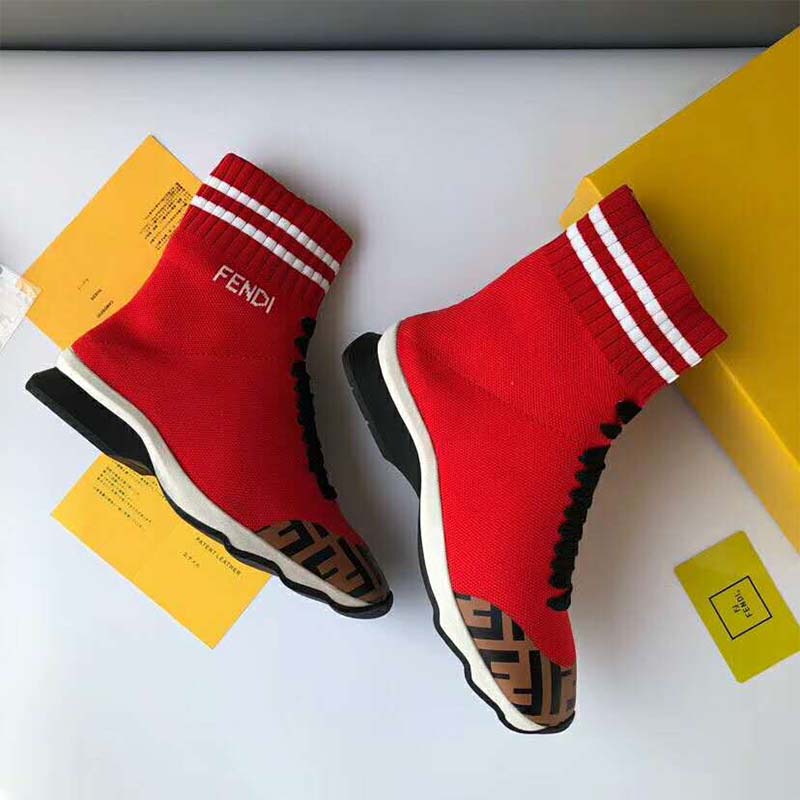 Top view showing lace-up closure on Fendi Women Shoes Pale Fabric Sneaker Boots-Red