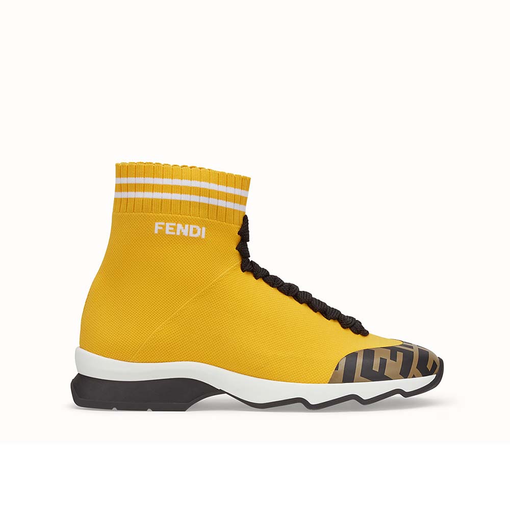 Side view of Fendi Women Shoes Pale Fabric Sneaker Boots-Yellow showing silhouette